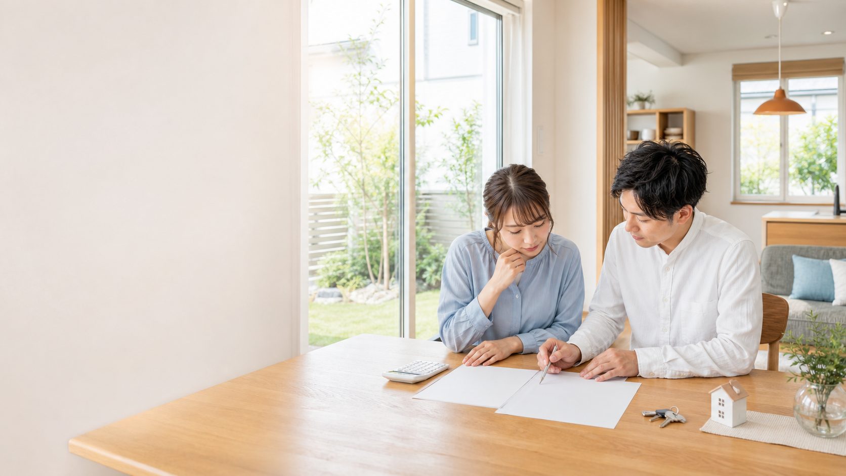 新築住宅のダイニングで住宅ローンの資金計画を確認する夫婦