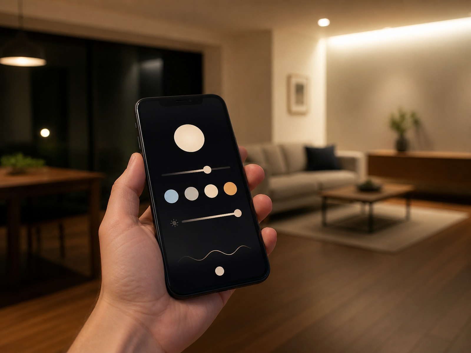 スマートフォンで照明や空調を操作するIoT住宅のイメージ（AIで作成したイメージ画像）