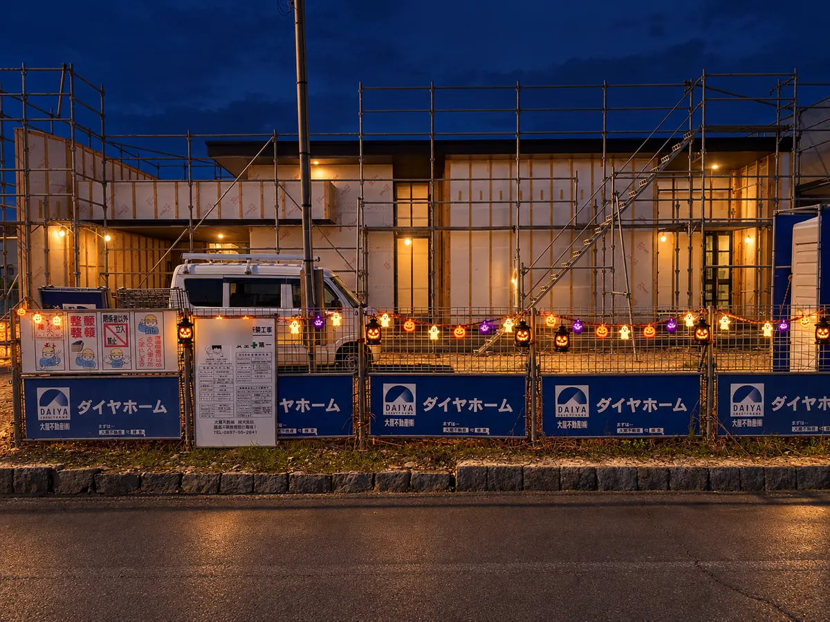 足場の建物に灯りがともり、フェンスにかぼちゃとおばけの提灯が並ぶ夜のイメージ