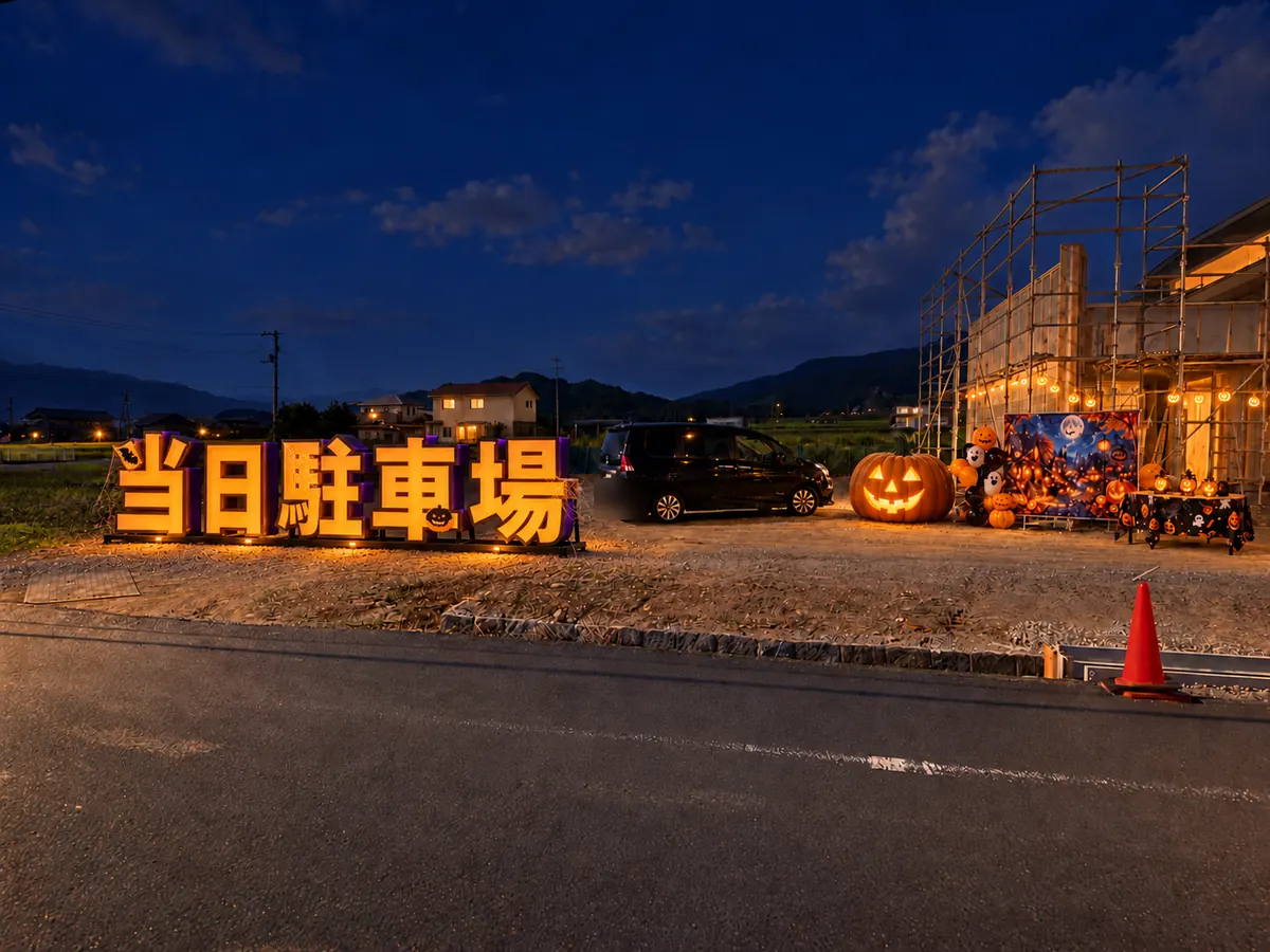 「当日駐車場」の光る文字と大きなかぼちゃが置かれた夜のイメージ