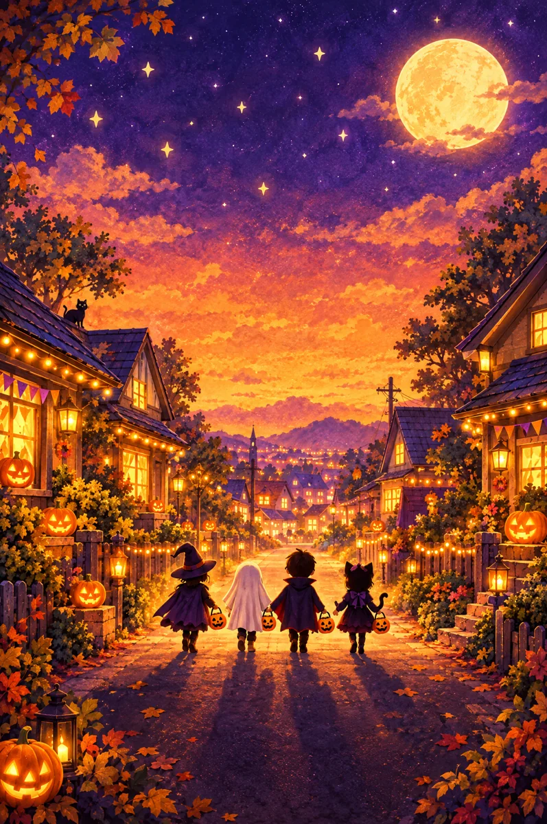 灯りのともる家並みの通りを、仮装した子どもたちがカボチャのバケツを持って歩いていくイラスト
