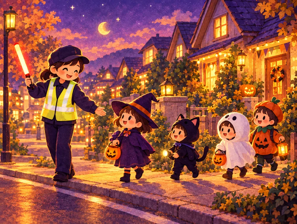 交通整理スタッフの案内で、仮装した子どもたちが歩道を歩く様子のイラスト