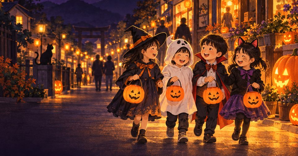 カボチャの灯りがともる街並みを、仮装した子どもたちが笑顔で歩くイラスト