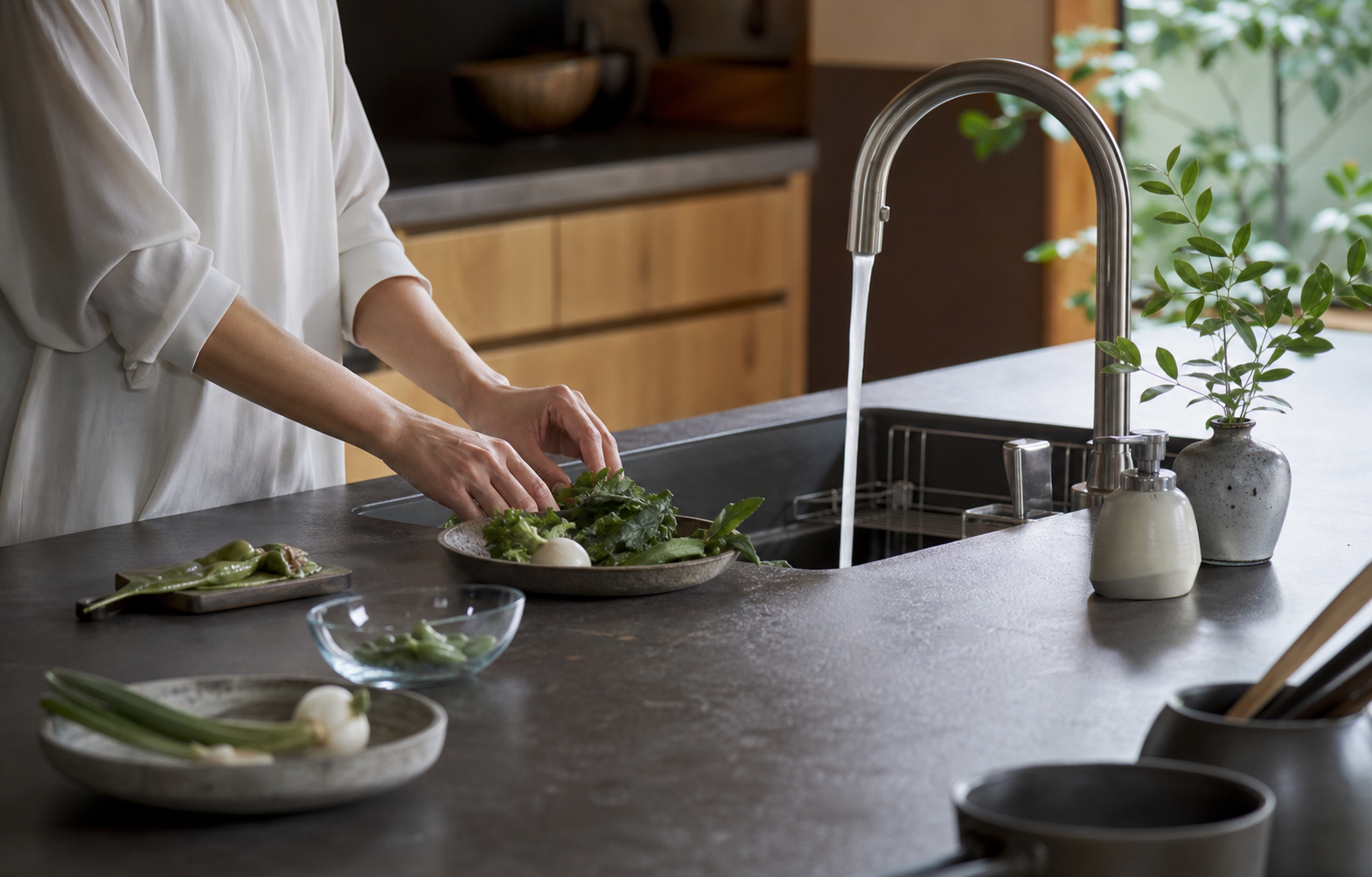 セラミック調のワークトップと水栓を使いながら野菜を準備する手元のイメージ