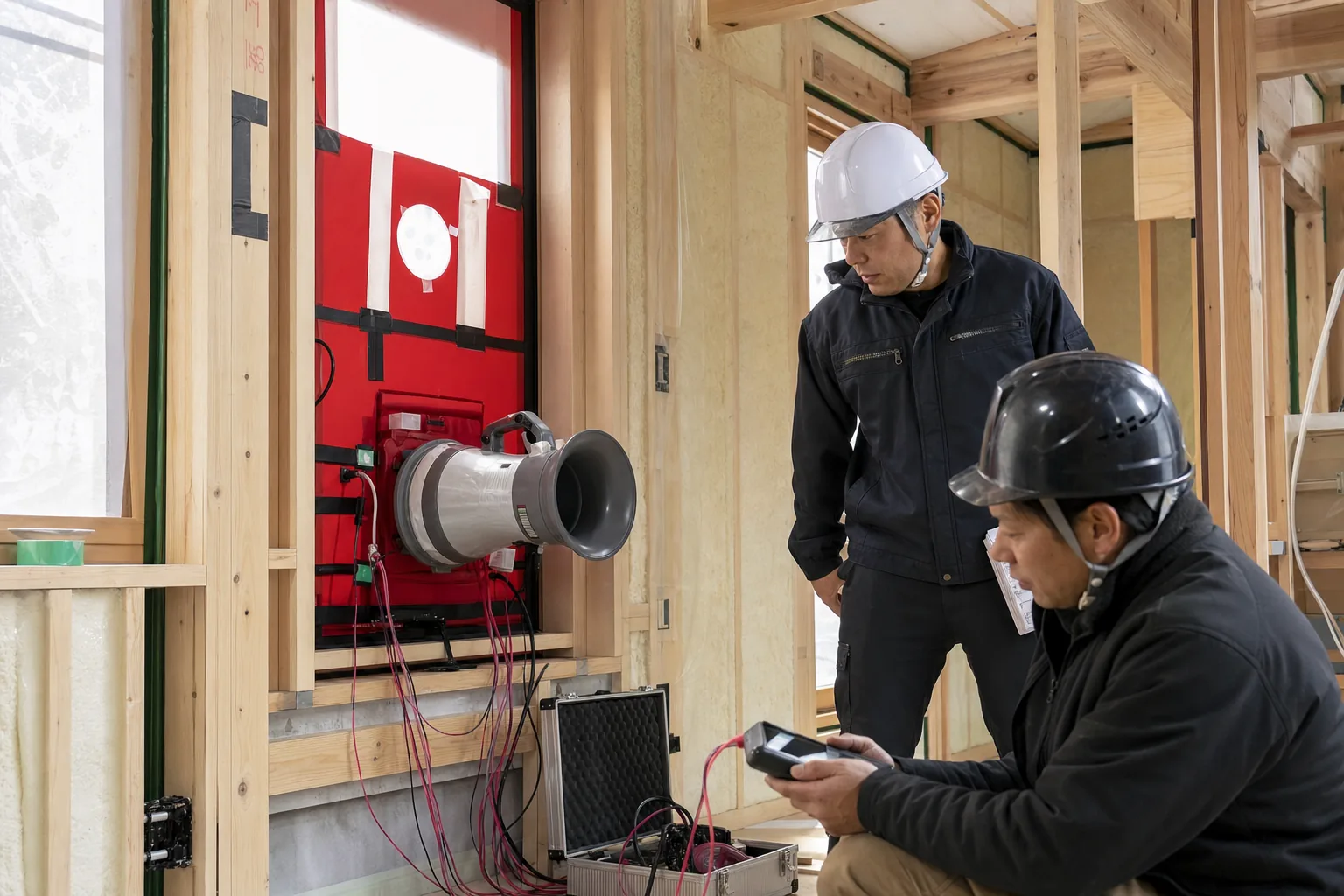 建築中の住宅で気密測定を行う技術者