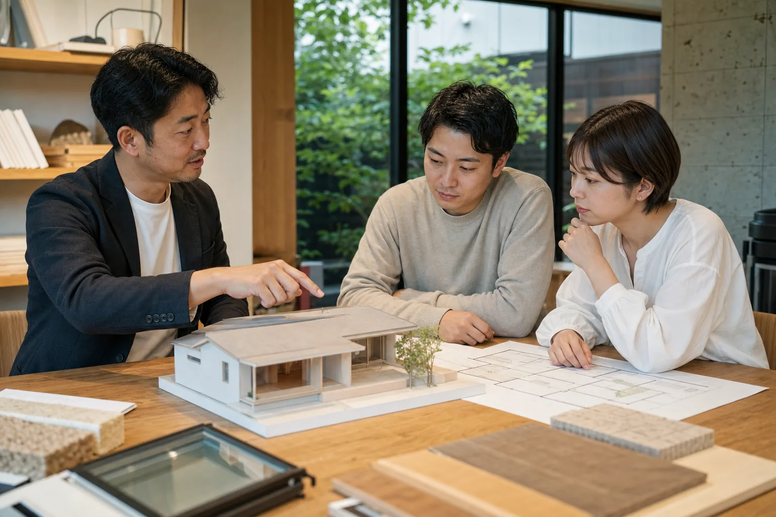 模型や図面を見ながら住宅性能とデザインを相談する家族