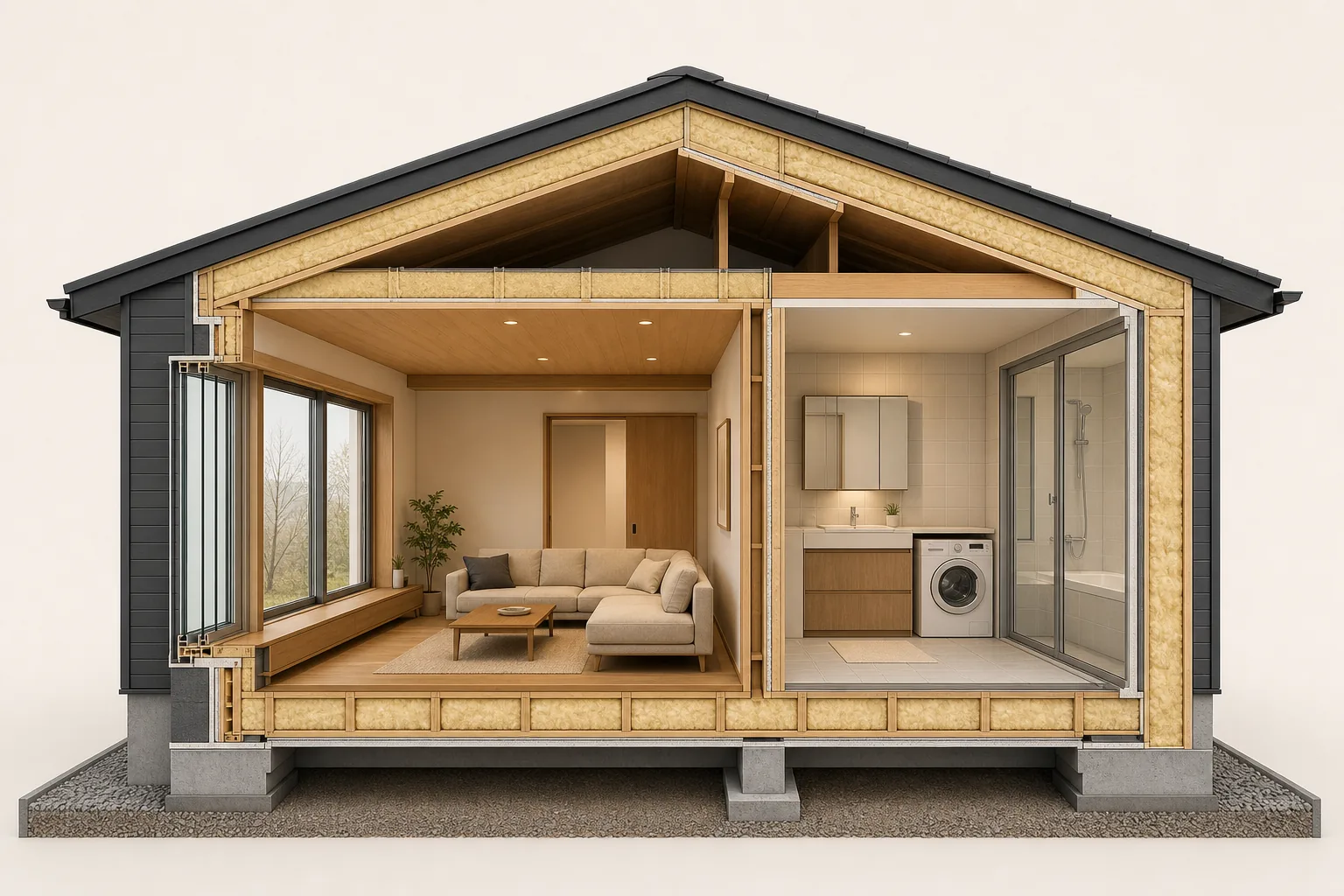 屋根・壁・床・窓を連続した断熱層で包む住宅の断面イメージ