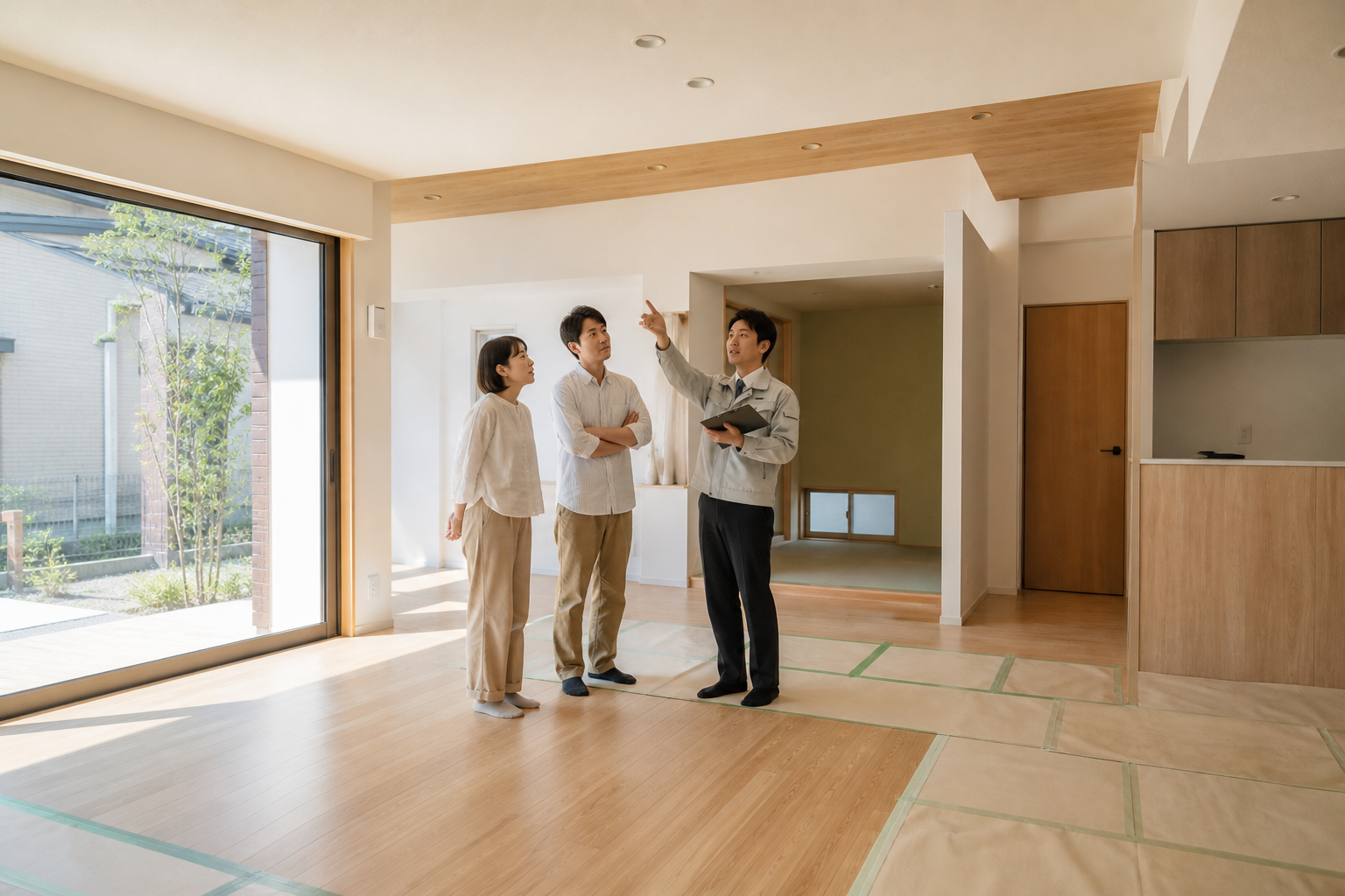 完成した注文住宅のLDKで引渡し前検査を行う夫婦と施工担当者