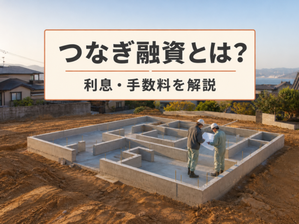 瀬戸内の住宅地の基礎工事を背景に「つなぎ融資とは？ 利息・手数料を解説」と表示したアイキャッチ