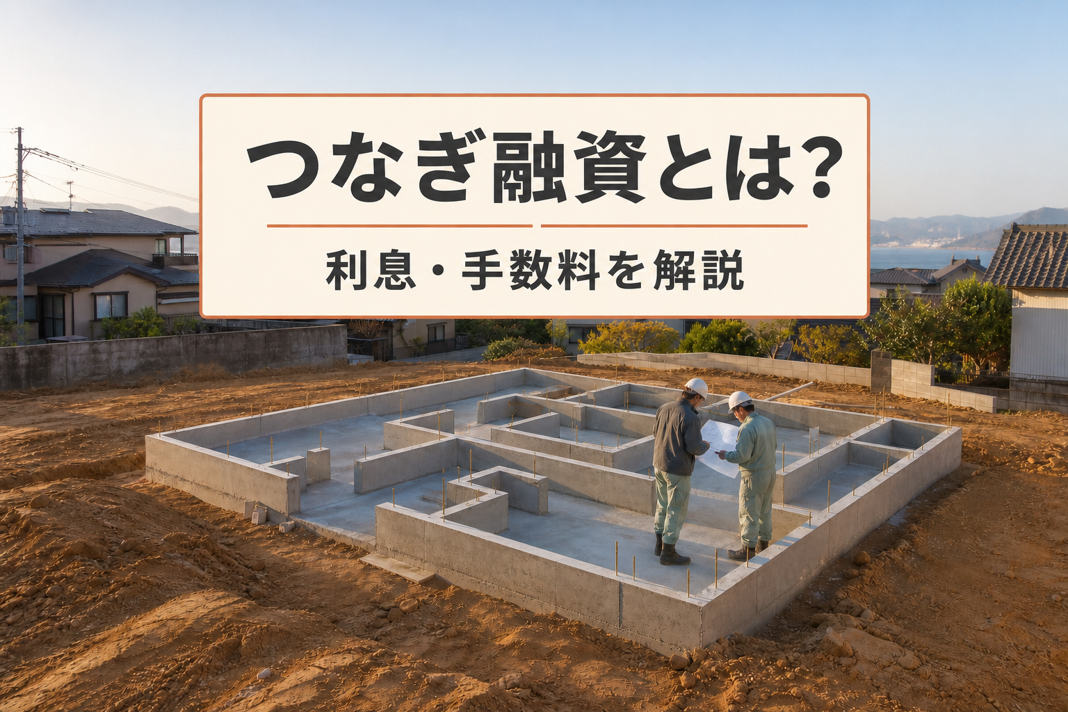 瀬戸内の住宅地の基礎工事を背景に「つなぎ融資とは？ 利息・手数料を解説」と表示したアイキャッチ