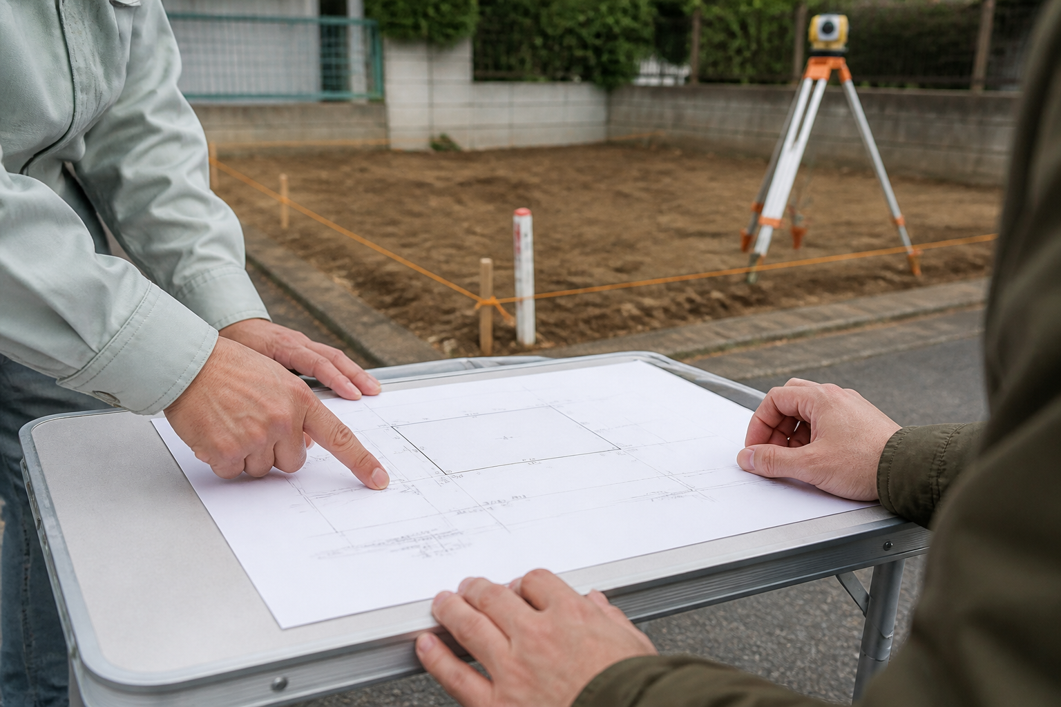 住宅用地で境界測量図を確認する購入者と担当者の手元