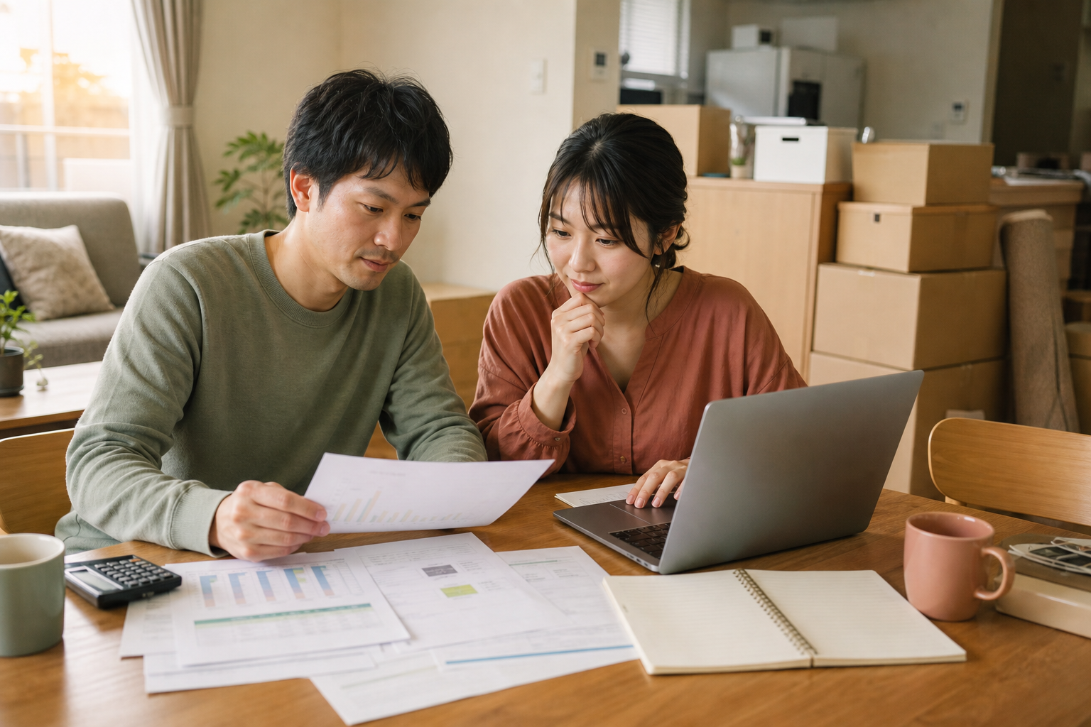 工事期間中の家賃と住宅資金の家計計画を確認する夫婦