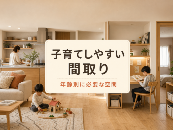 年齢の異なる子どもが遊びと読書をするLDKと「子育てしやすい間取り 年齢別に必要な空間」の文字