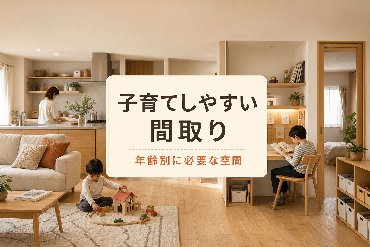 年齢の異なる子どもが遊びと読書をするLDKと「子育てしやすい間取り 年齢別に必要な空間」の文字
