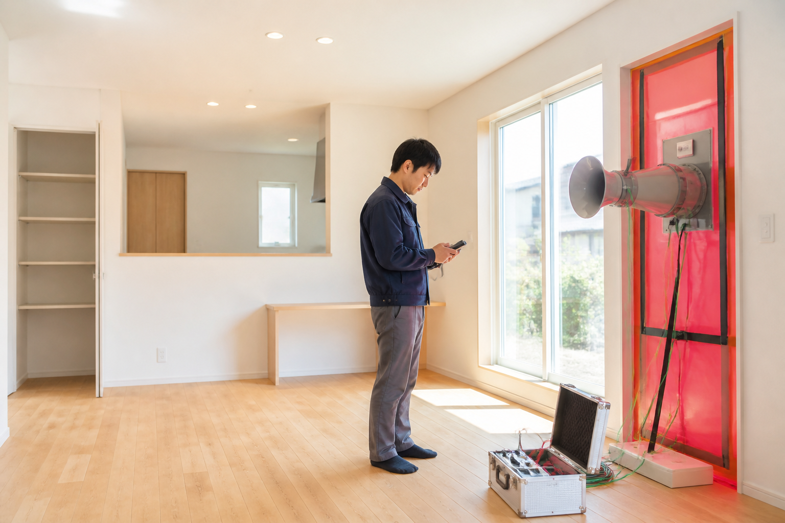 明るい新築住宅の室内で測定員が気密測定器を操作するイメージ