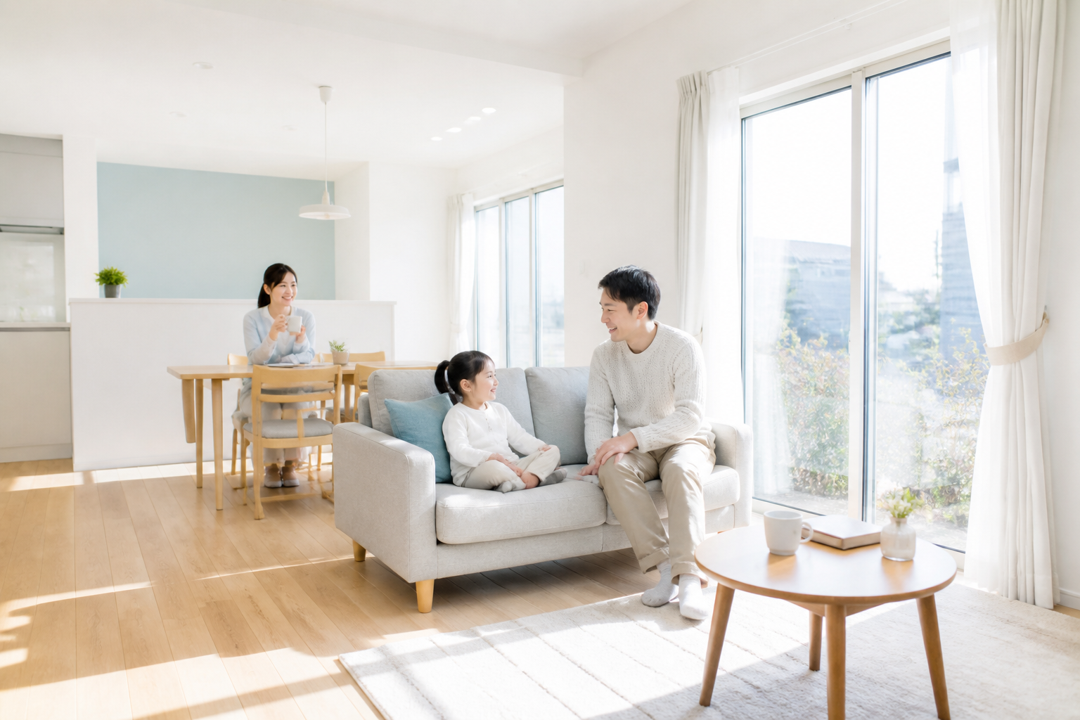 冬の陽光が入る白と木を基調としたリビングで家族がくつろぐイメージ