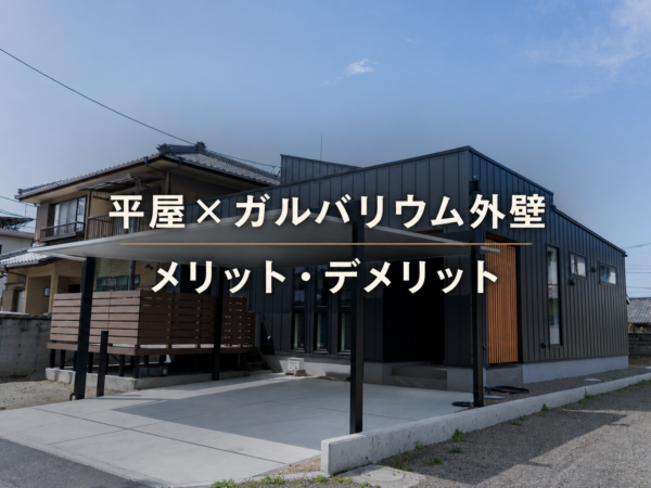黒いガルバリウム外壁の平屋と『平屋×ガルバリウム外壁 メリット・デメリット』の文字