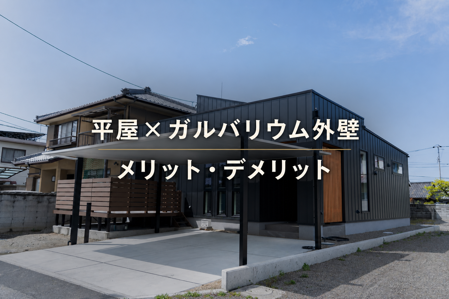 黒いガルバリウム外壁の平屋と『平屋×ガルバリウム外壁 メリット・デメリット』の文字