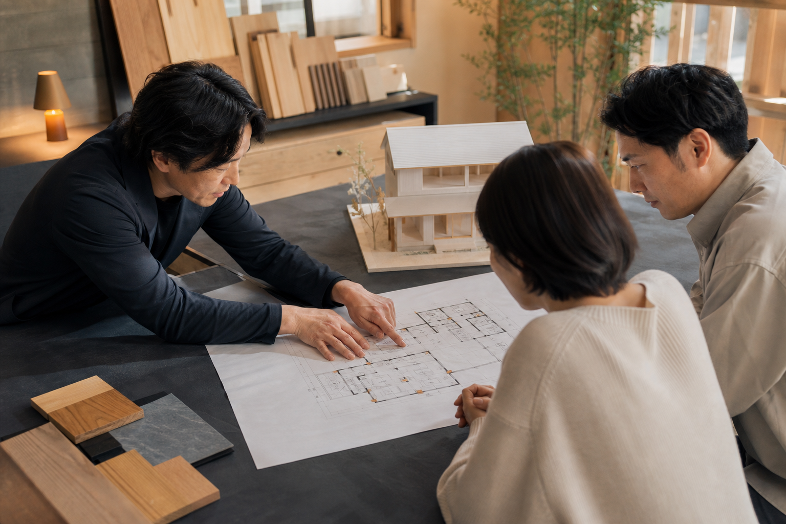 注文住宅の図面で耐震と制震ダンパーの配置を相談する家族と設計担当者