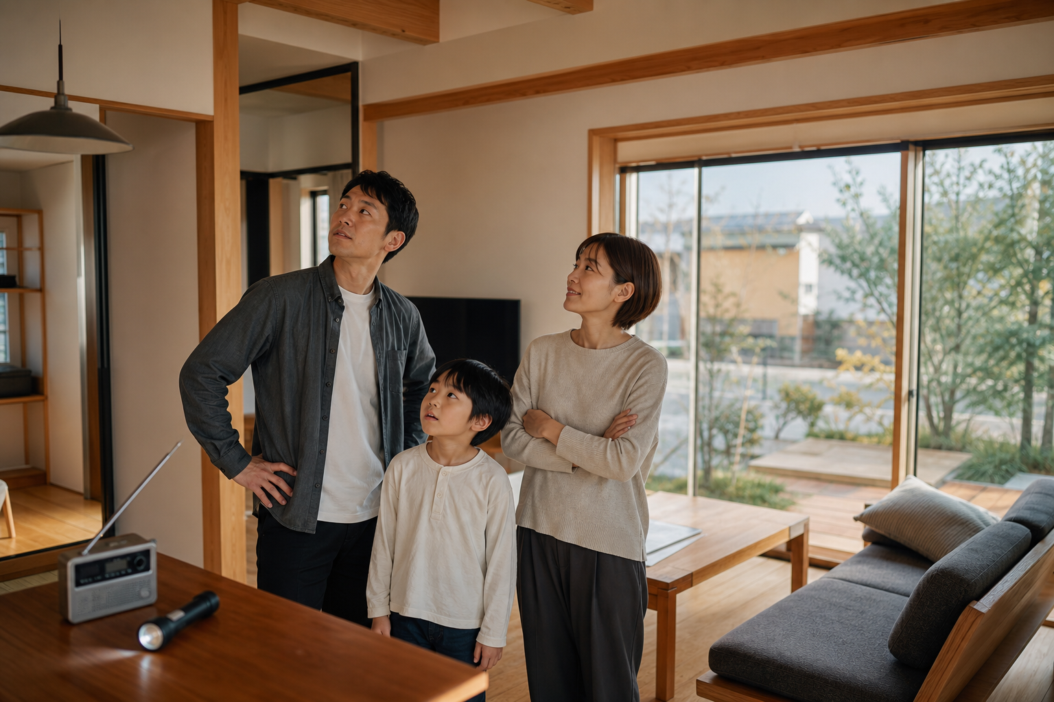 地震後に木造住宅の室内を確認する家族のイメージ