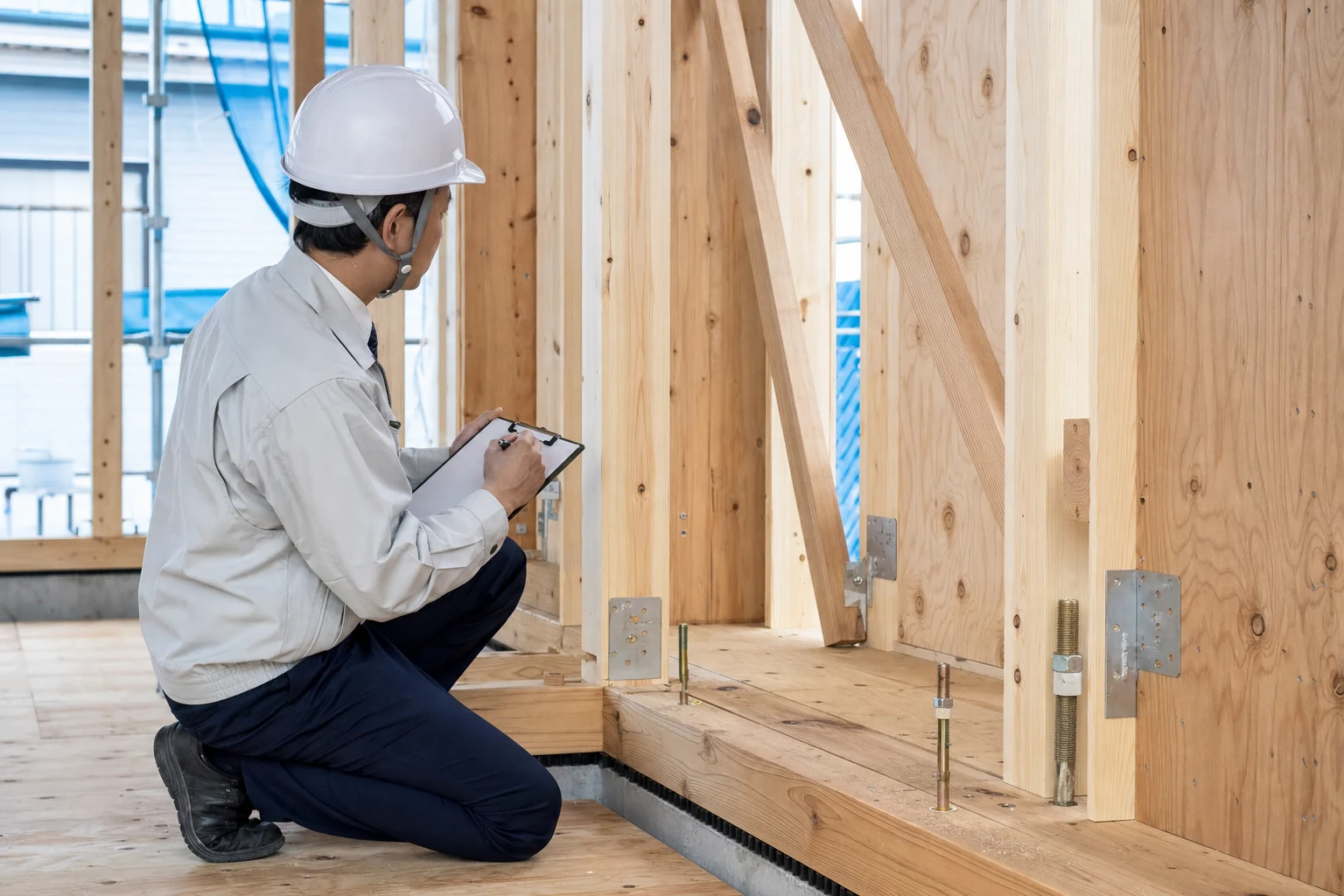 耐力面材の釘間隔と柱脚金物を測定する施工検査の手元