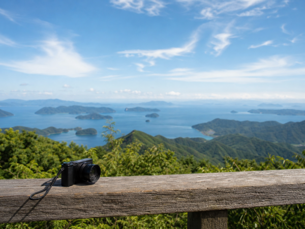 青い海と島々を望む展望台の木製柵に置かれたカメラ