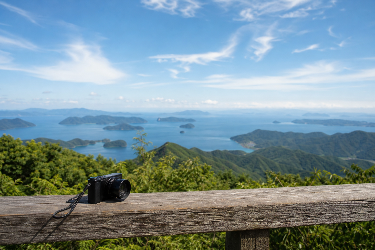 青い海と島々を望む展望台の木製柵に置かれたカメラ