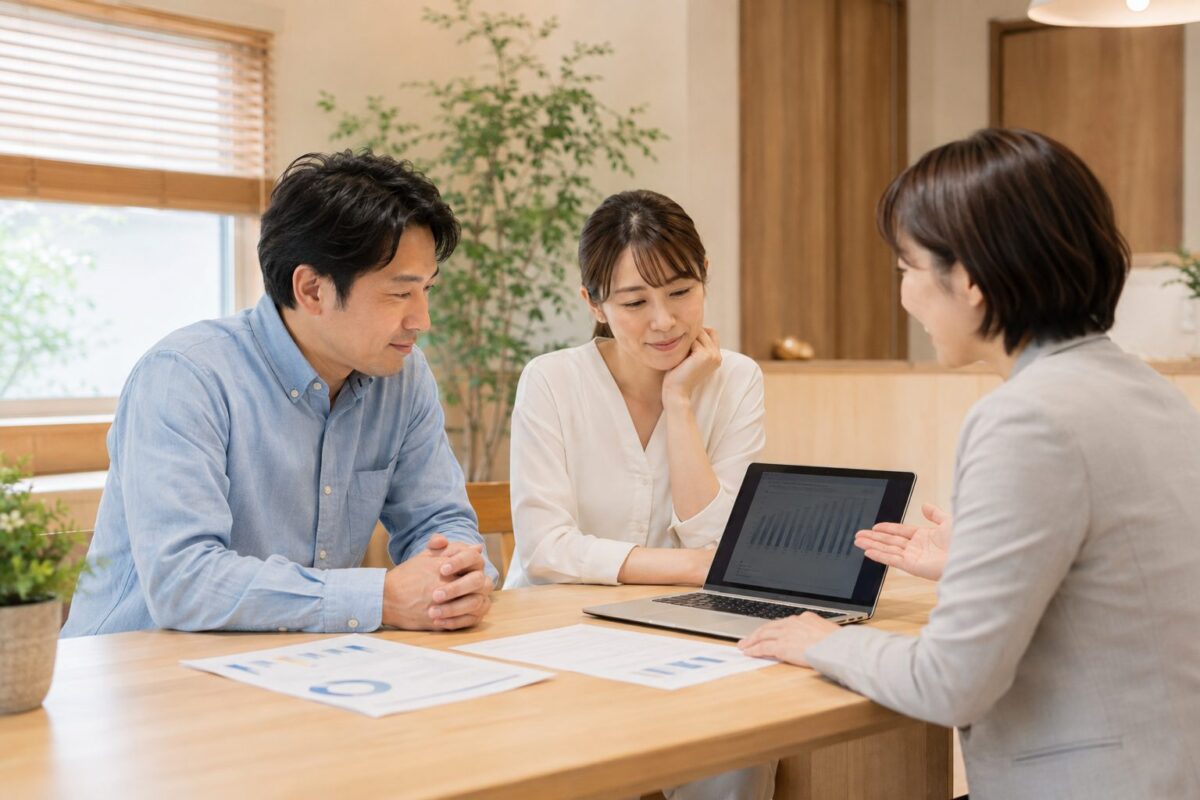 夫婦がスタッフと資料やノートパソコンを見ながら住宅ローンを相談するイメージ｜西条市・新居浜市の注文住宅DAIYAHOME