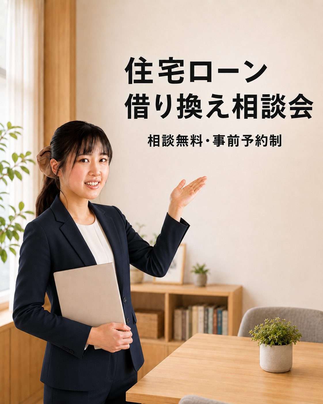 住宅ローン借り換え相談会（相談無料・事前予約制）の案内。スタッフがご案内するイメージ