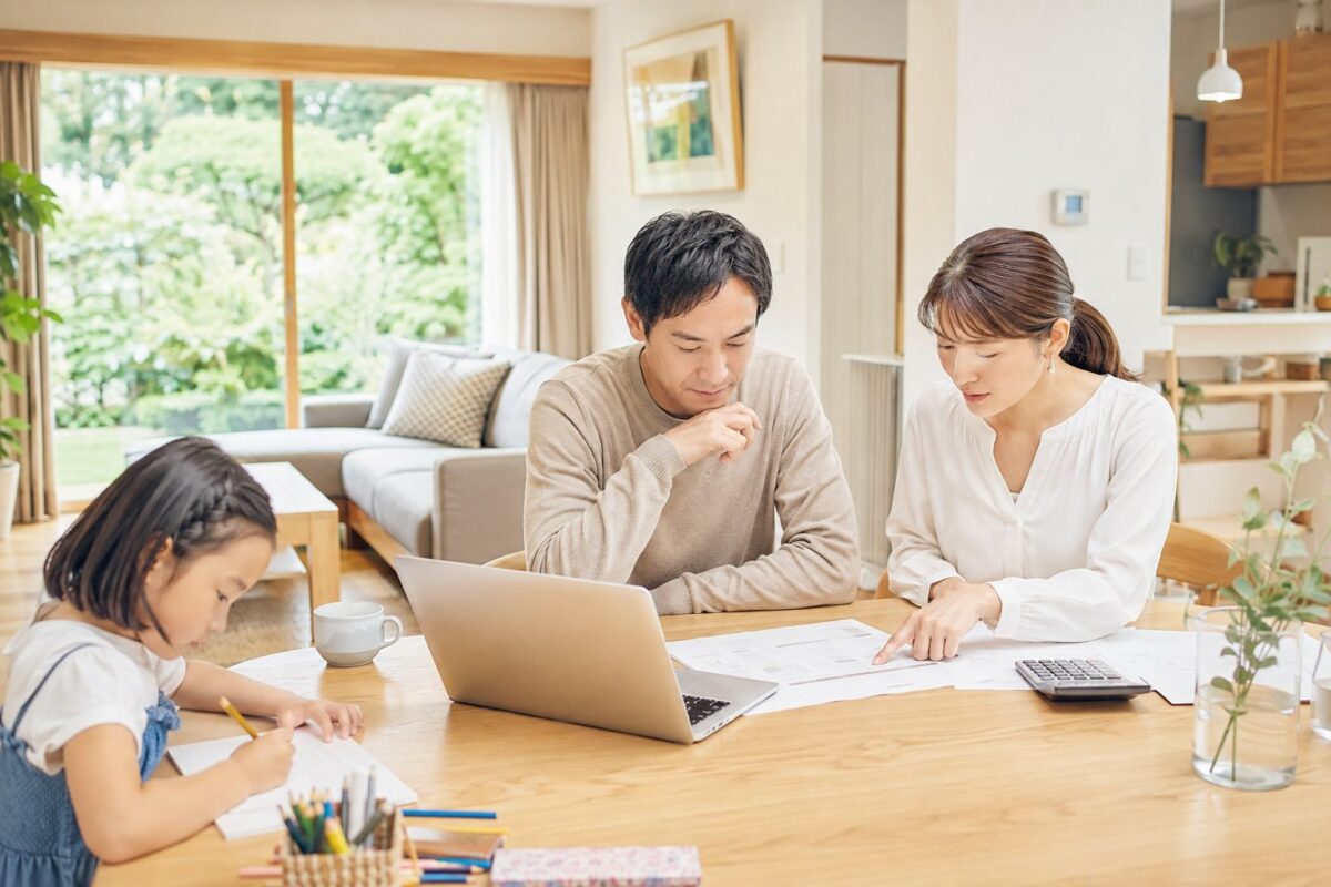 リビングで家族が家計と住宅ローンの返済計画を見直すイメージ｜新・愛のチカラは家族の預金も活かせる