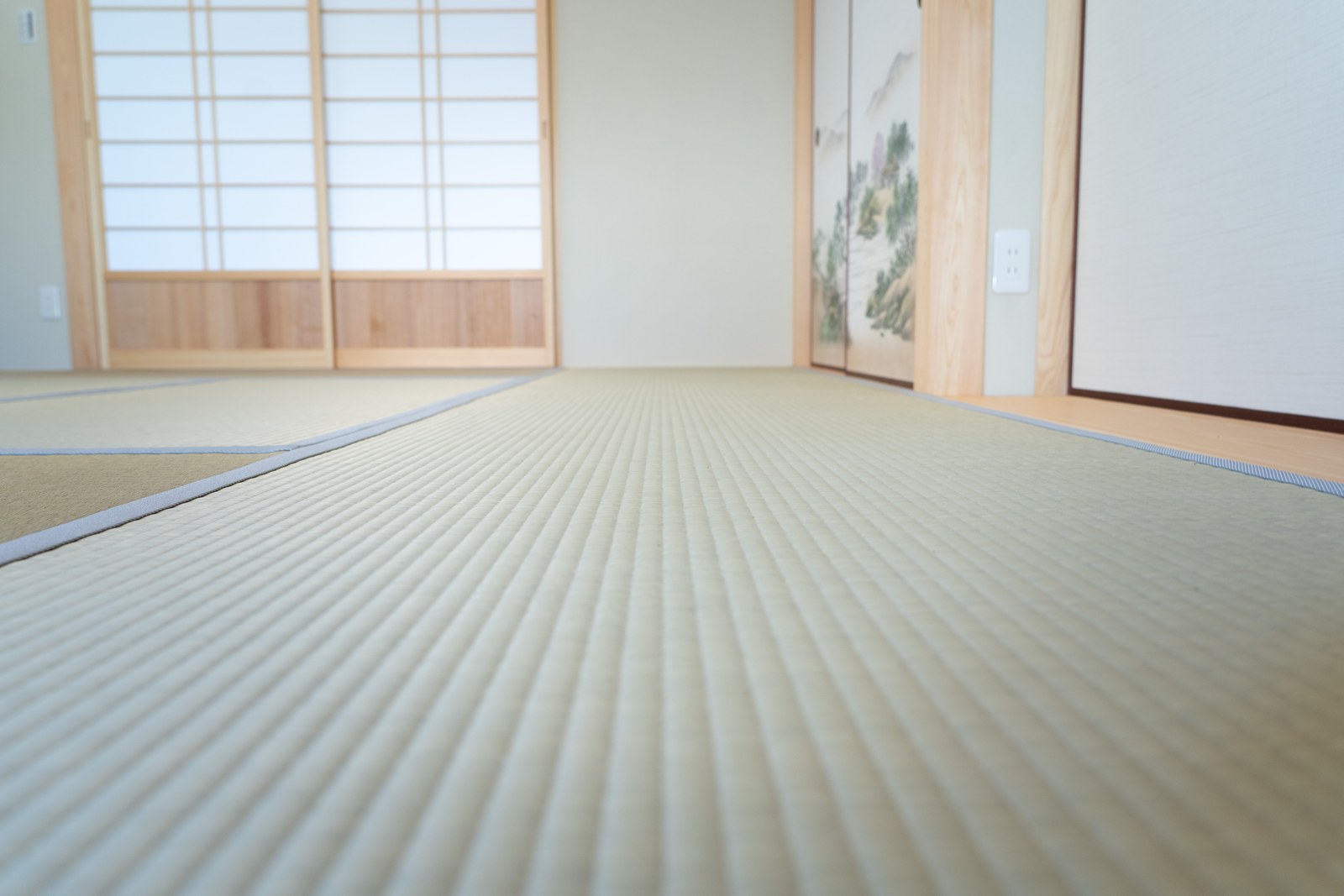 畳の目に寄ったところ。畳の縁と障子、真壁の柱が、和室の落ち着いた空気をつくっている