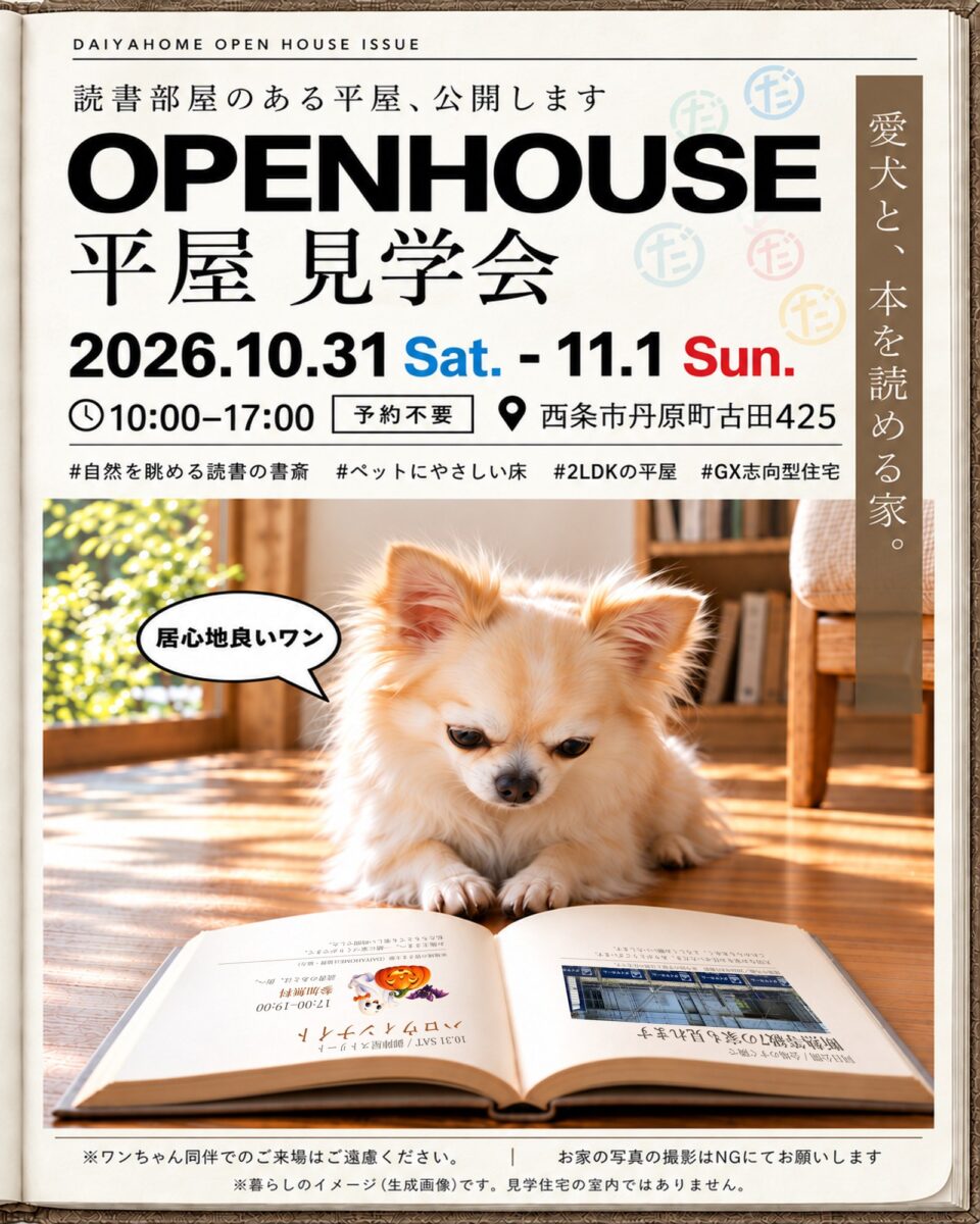 平屋見学会の告知画像。床に開いた本をのぞき込むチワワと、2026年10月31日・11月1日の開催案内